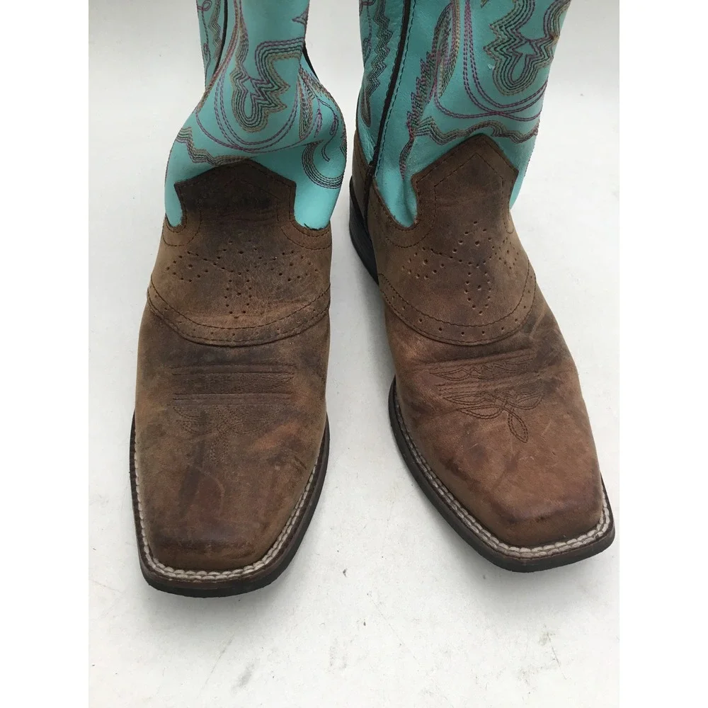 Justin Kids Brown Leather Turquoise Shaft Western Cowboy Boots 4853Y Size 3D